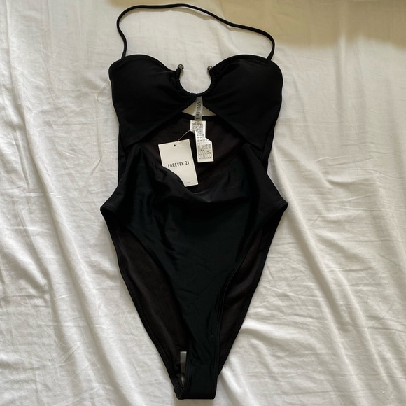 NWT Forever 21 one piece black bodysuit swimsuit small - Picture 1 of 3